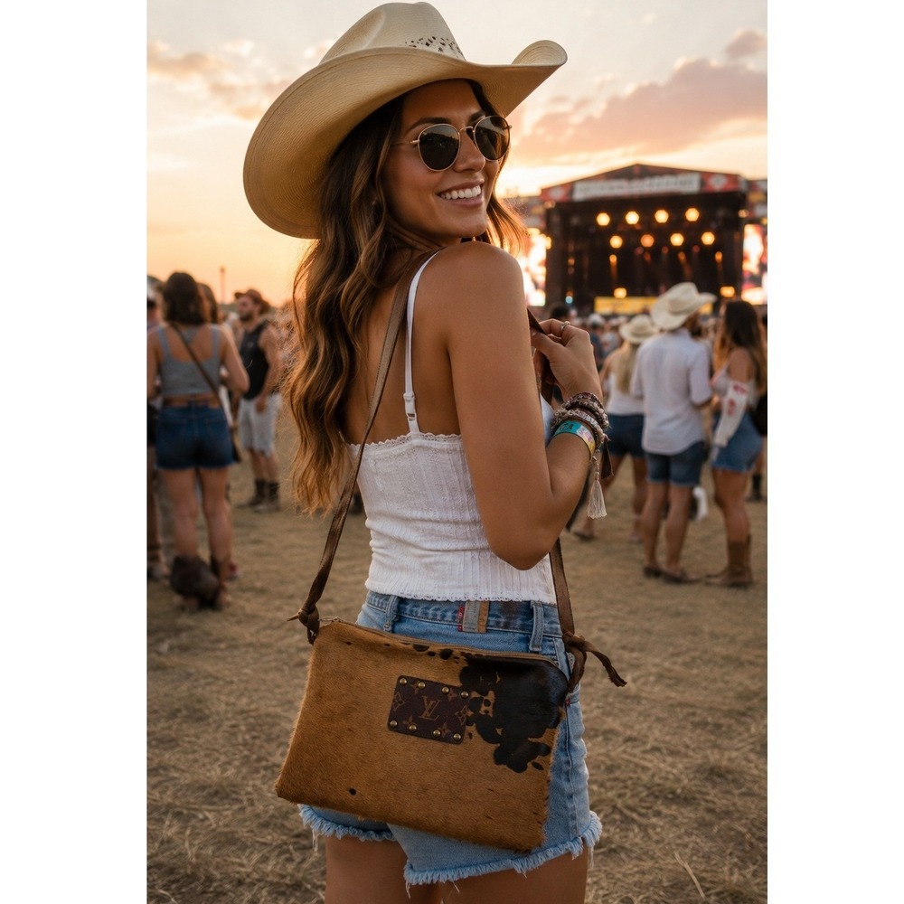 Repurposed Cowhide Leather Crossbody Bag Western LV Patch Hair on Hide Purse
